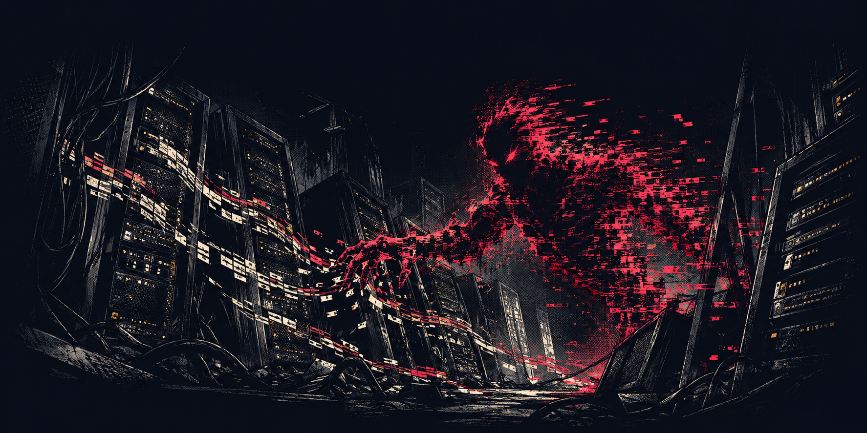 A fragmented red intruder tears through an ink-drawn corridor of servers.