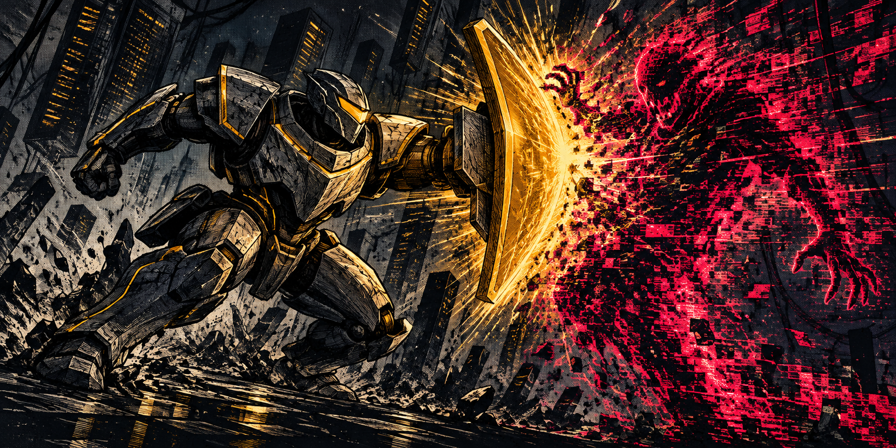 A heavy graphite-armored guardian drives an amber shield into the intruder, breaking it into red static.